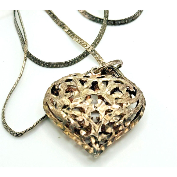 Antique STERLING Estate Hand Etched Open Filigree Rose Puff Heart Pendant/Neck - Picture 2 of 4